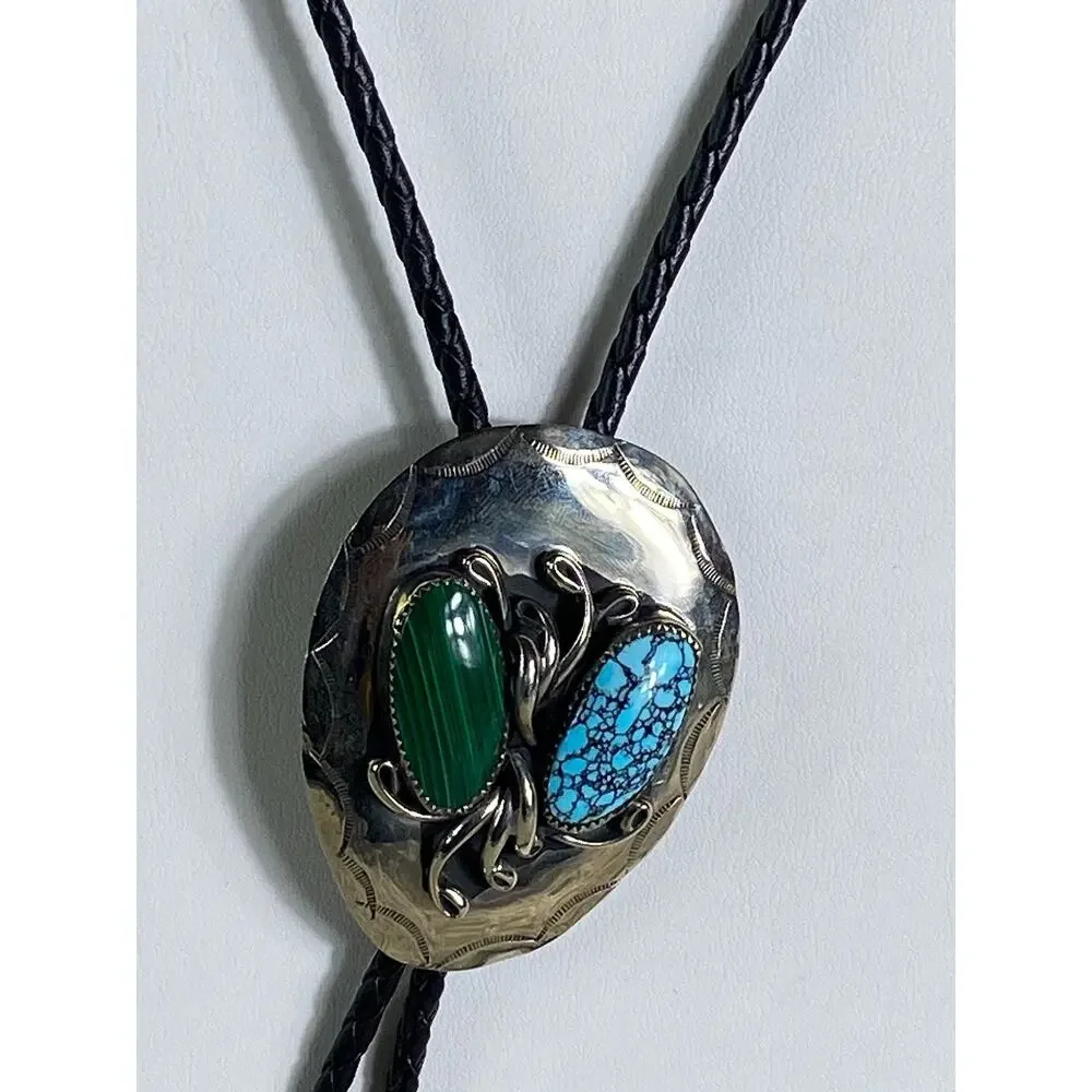 Native American Silver Plated Turquoise & Malachite Braided Black Leather Bolo